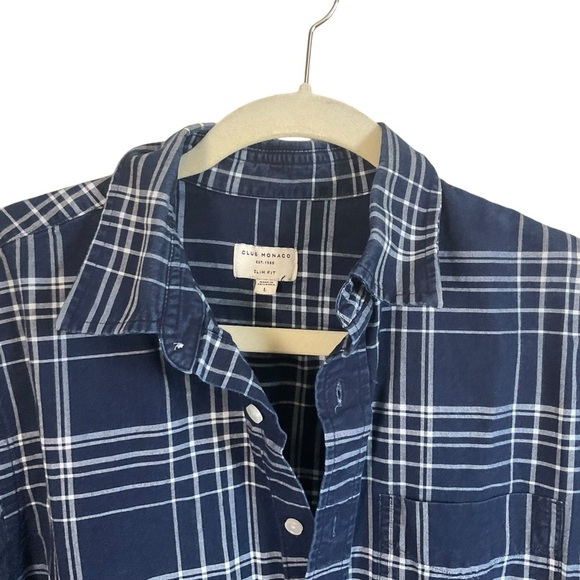 Club Monaco Navy Blue Plaid Button-Up Shirt. Slim Fit - Picture 3 of 7